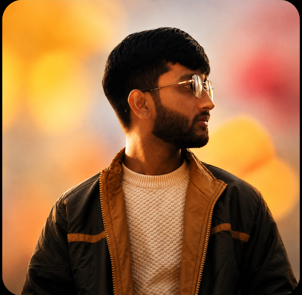 Akshit in three-quarter profile, wearing aviator glasses and a dark bomber jacket over a cream knit, against a blurred field of warm orange bokeh.